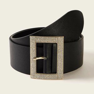 Vegan Leather Rhinestone Rectangle Buckle Belt